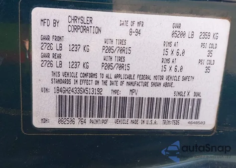 1995 Dodge Grand Caravan z USA, uszkodzony, nr VIN 1B4GH2433SX513192